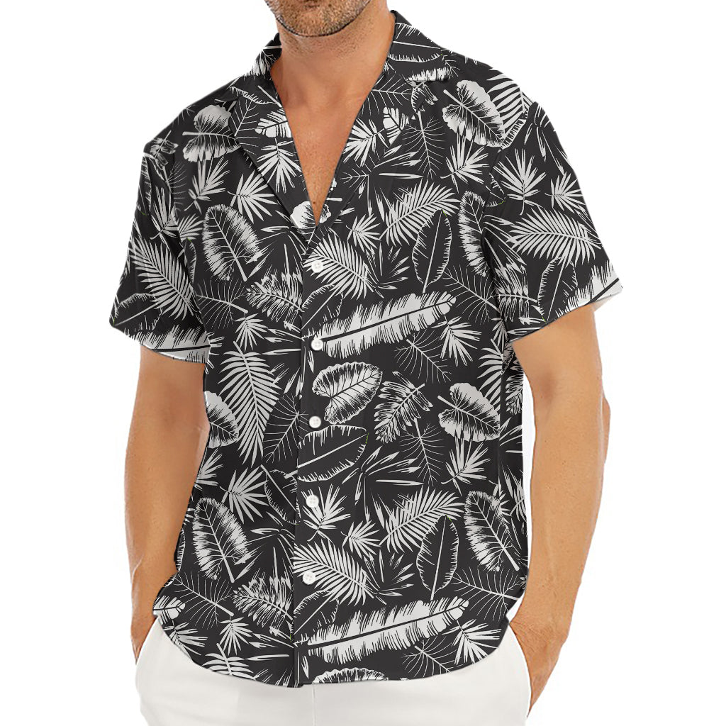 Black And White Tropical Palm Leaf Print Men's Deep V-Neck Shirt