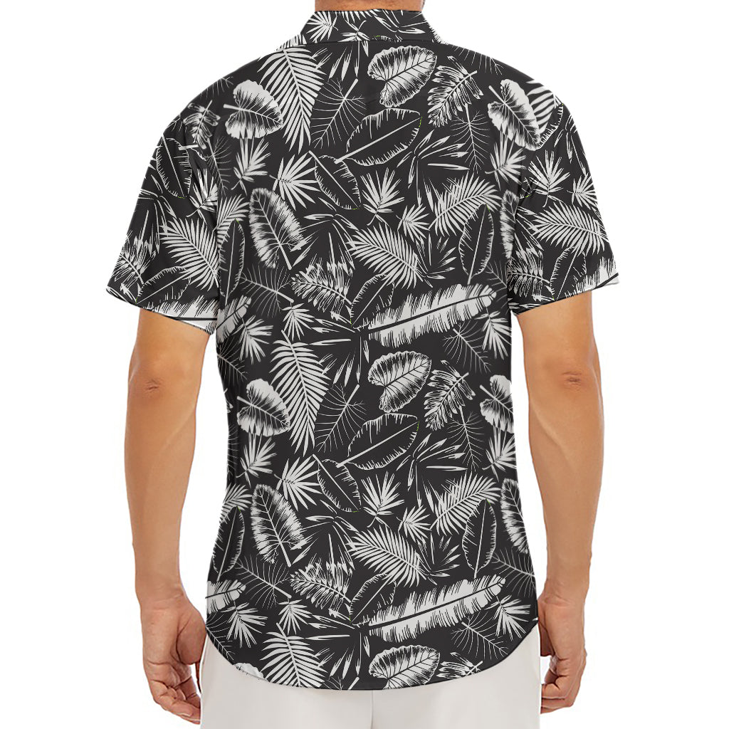 Black And White Tropical Palm Leaf Print Men's Deep V-Neck Shirt