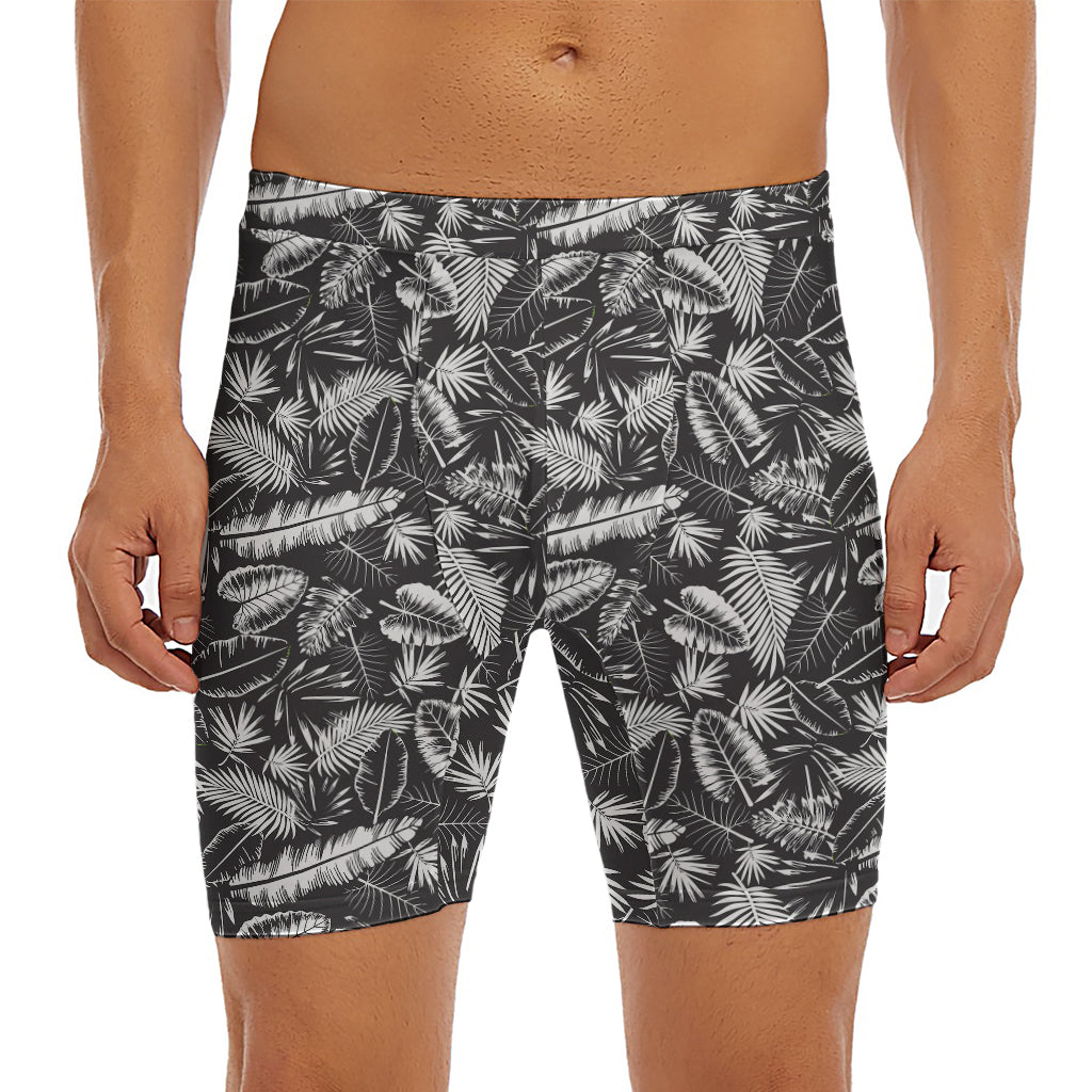 Black And White Tropical Palm Leaf Print Men's Long Boxer Briefs