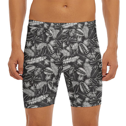 Black And White Tropical Palm Leaf Print Men's Long Boxer Briefs