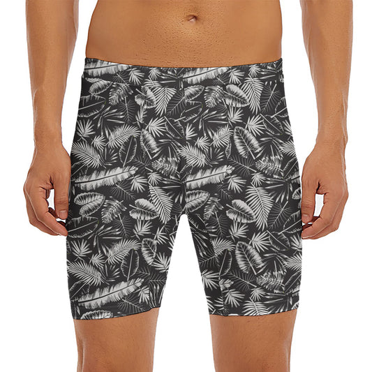 Black And White Tropical Palm Leaf Print Men's Long Boxer Briefs