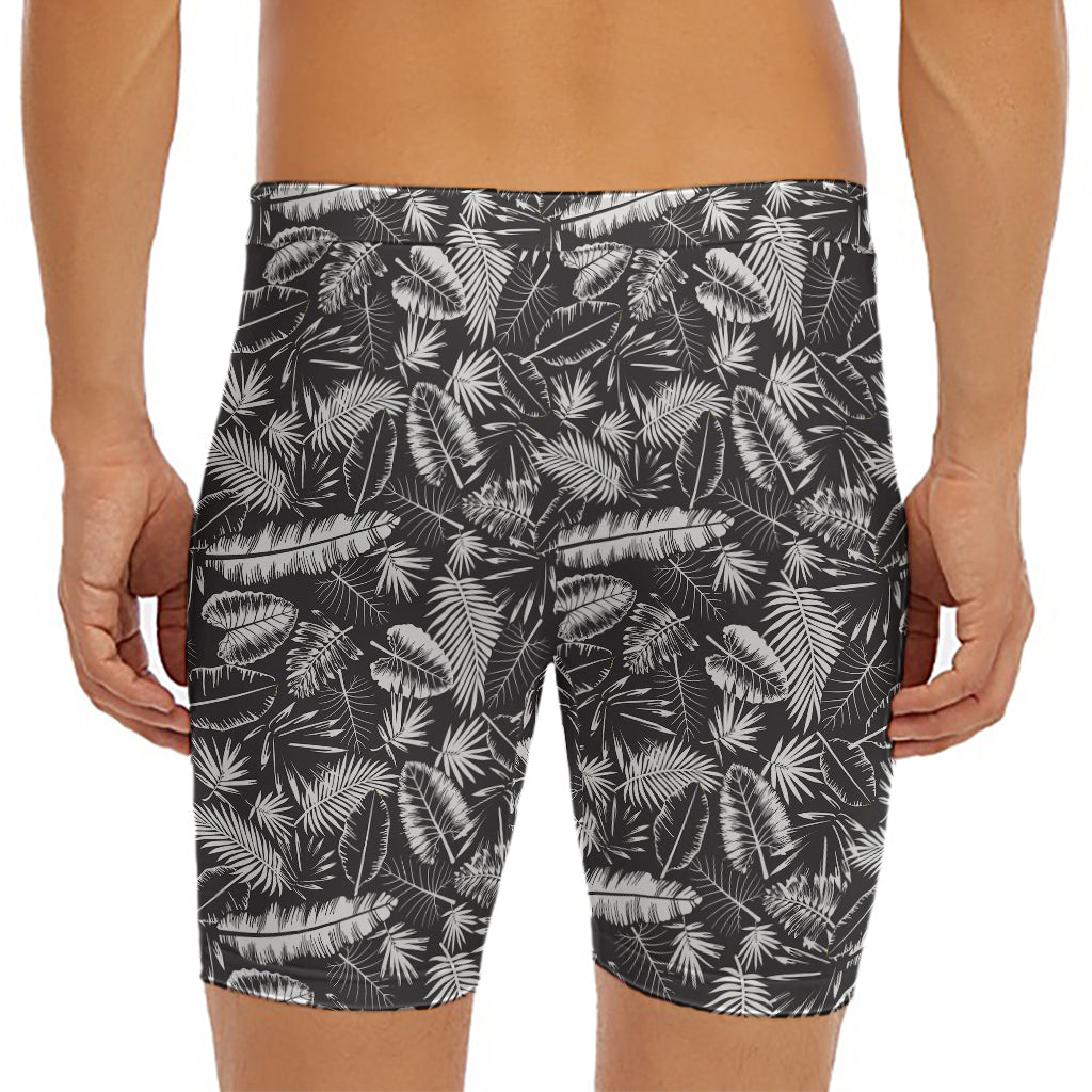 Black And White Tropical Palm Leaf Print Men's Long Boxer Briefs