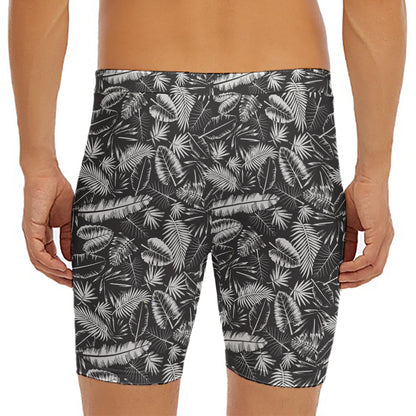 Black And White Tropical Palm Leaf Print Men's Long Boxer Briefs