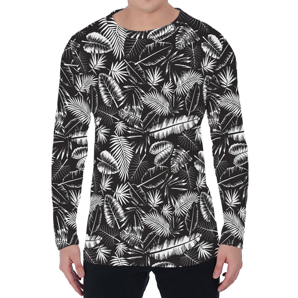 Black And White Tropical Palm Leaf Print Men's Long Sleeve T-Shirt