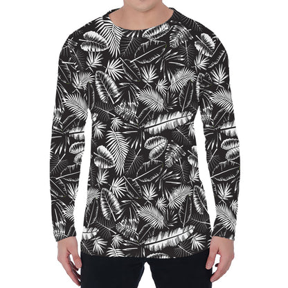 Black And White Tropical Palm Leaf Print Men's Long Sleeve T-Shirt