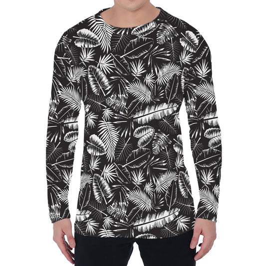 Black And White Tropical Palm Leaf Print Men's Long Sleeve T-Shirt