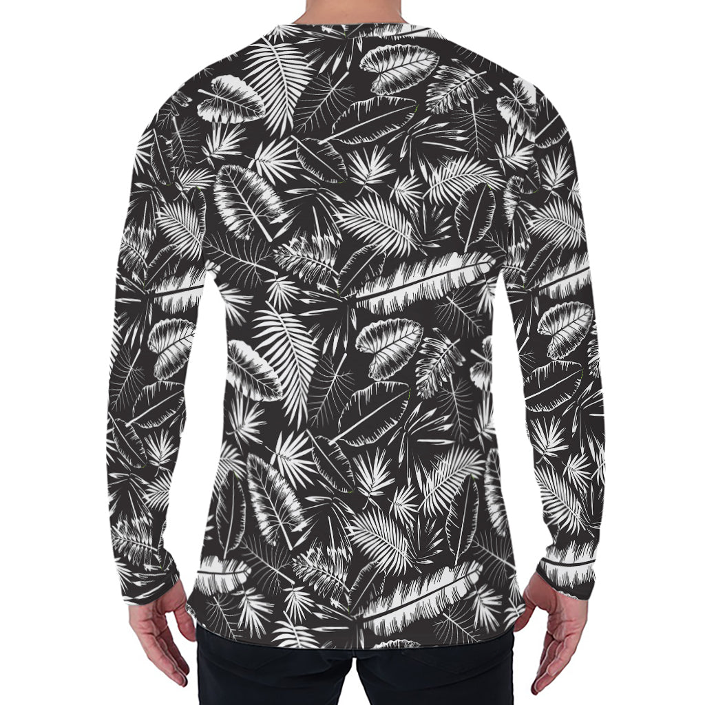 Black And White Tropical Palm Leaf Print Men's Long Sleeve T-Shirt