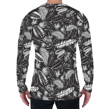 Black And White Tropical Palm Leaf Print Men's Long Sleeve T-Shirt