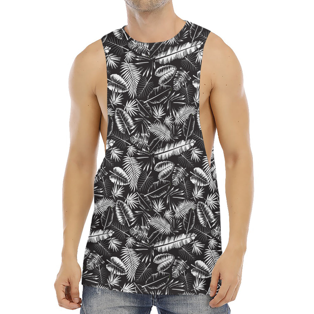 Black And White Tropical Palm Leaf Print Men's Muscle Tank Top