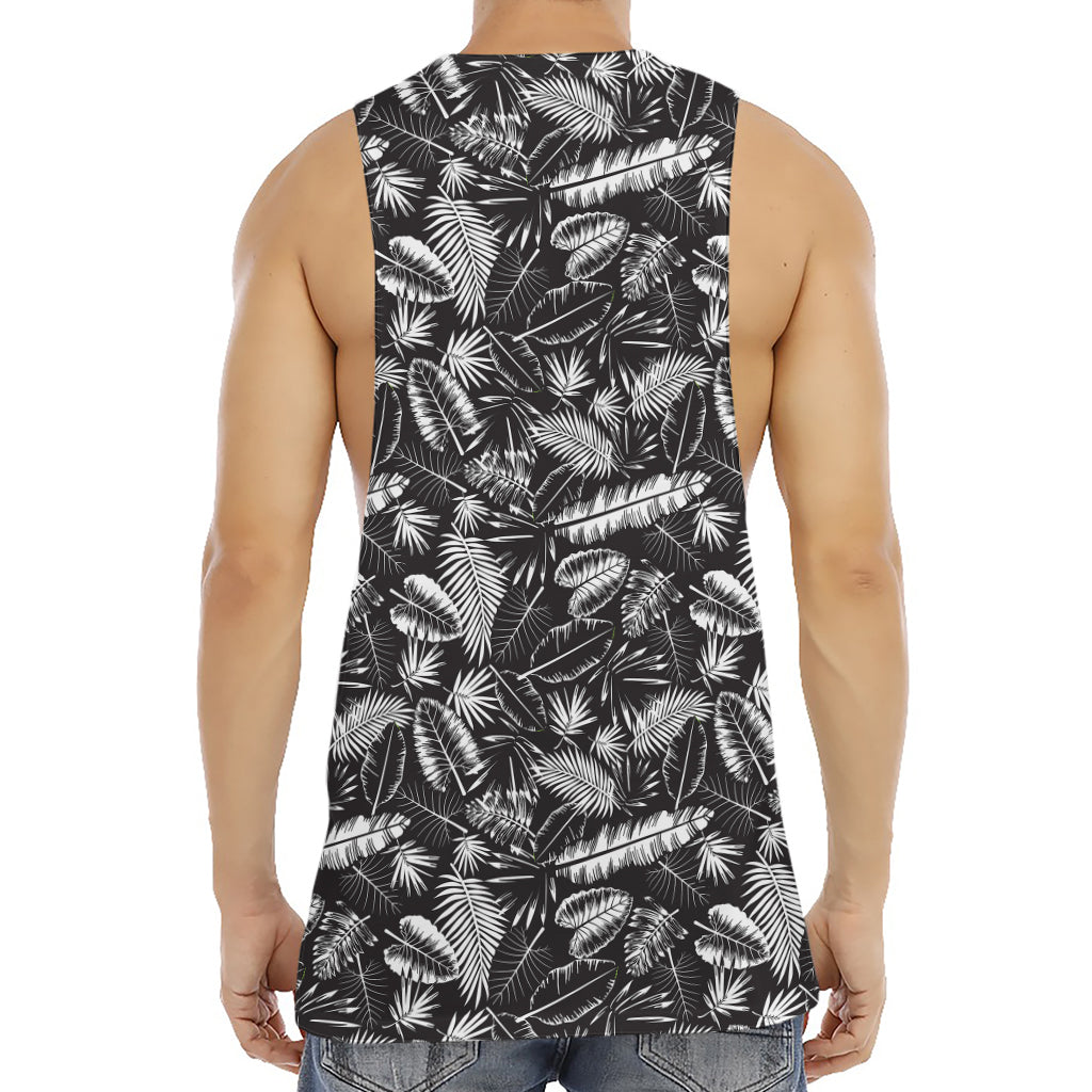 Black And White Tropical Palm Leaf Print Men's Muscle Tank Top