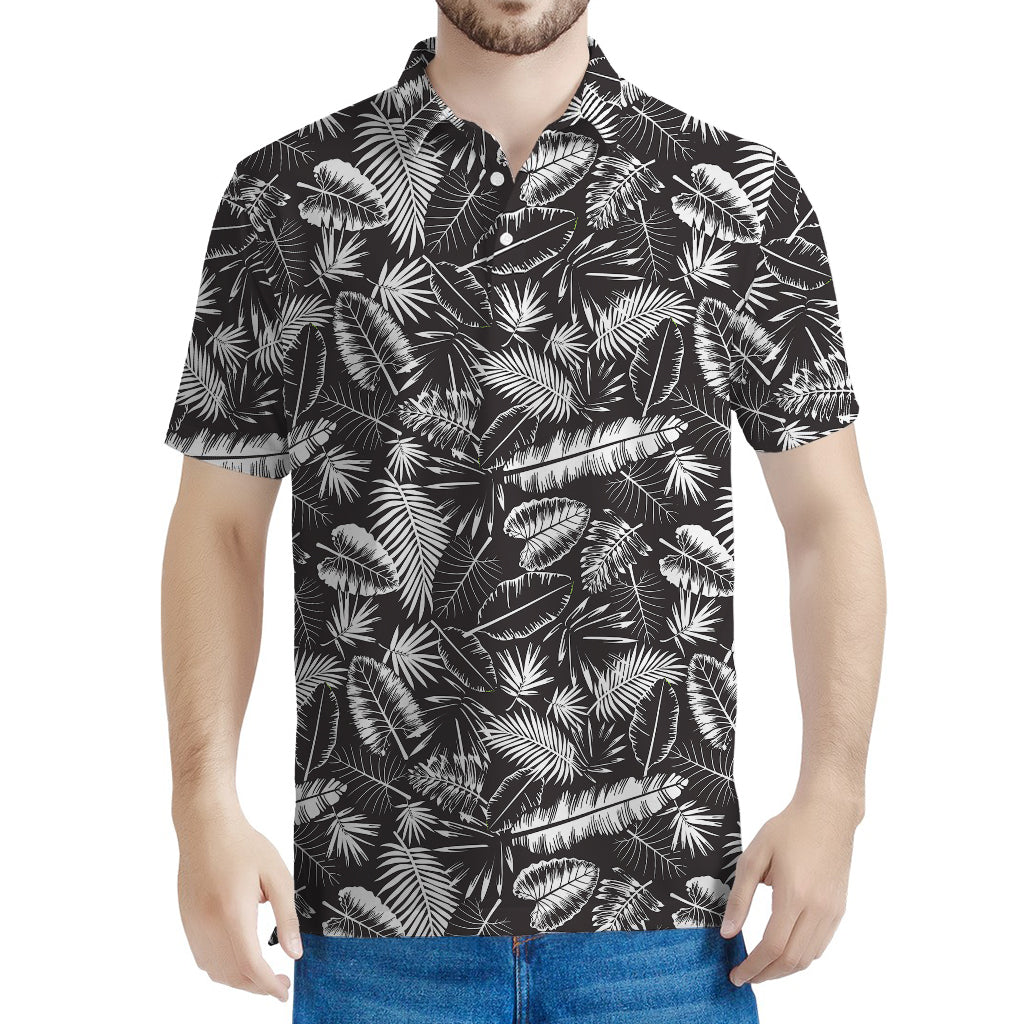 Black And White Tropical Palm Leaf Print Men's Polo Shirt