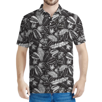 Black And White Tropical Palm Leaf Print Men's Polo Shirt