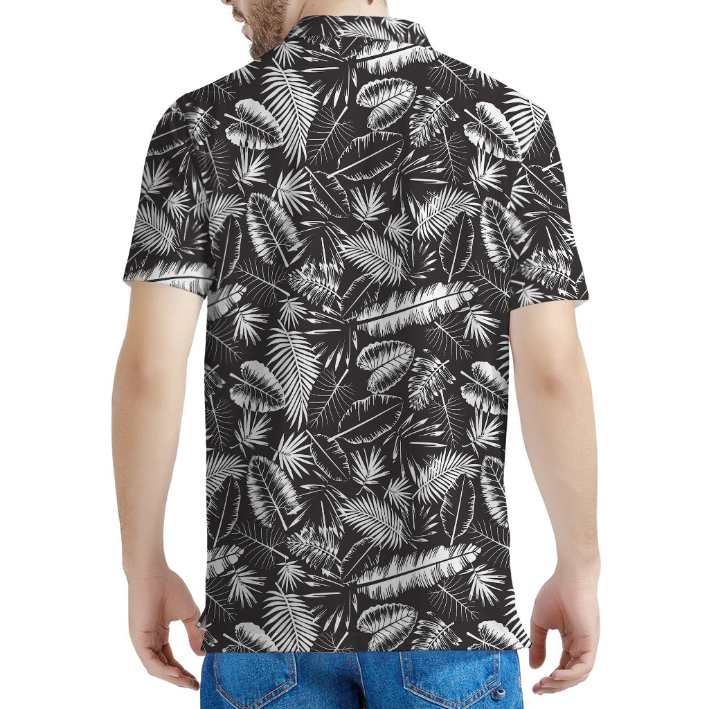 Black And White Tropical Palm Leaf Print Men's Polo Shirt