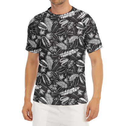 Black And White Tropical Palm Leaf Print Men's Short Sleeve Rash Guard