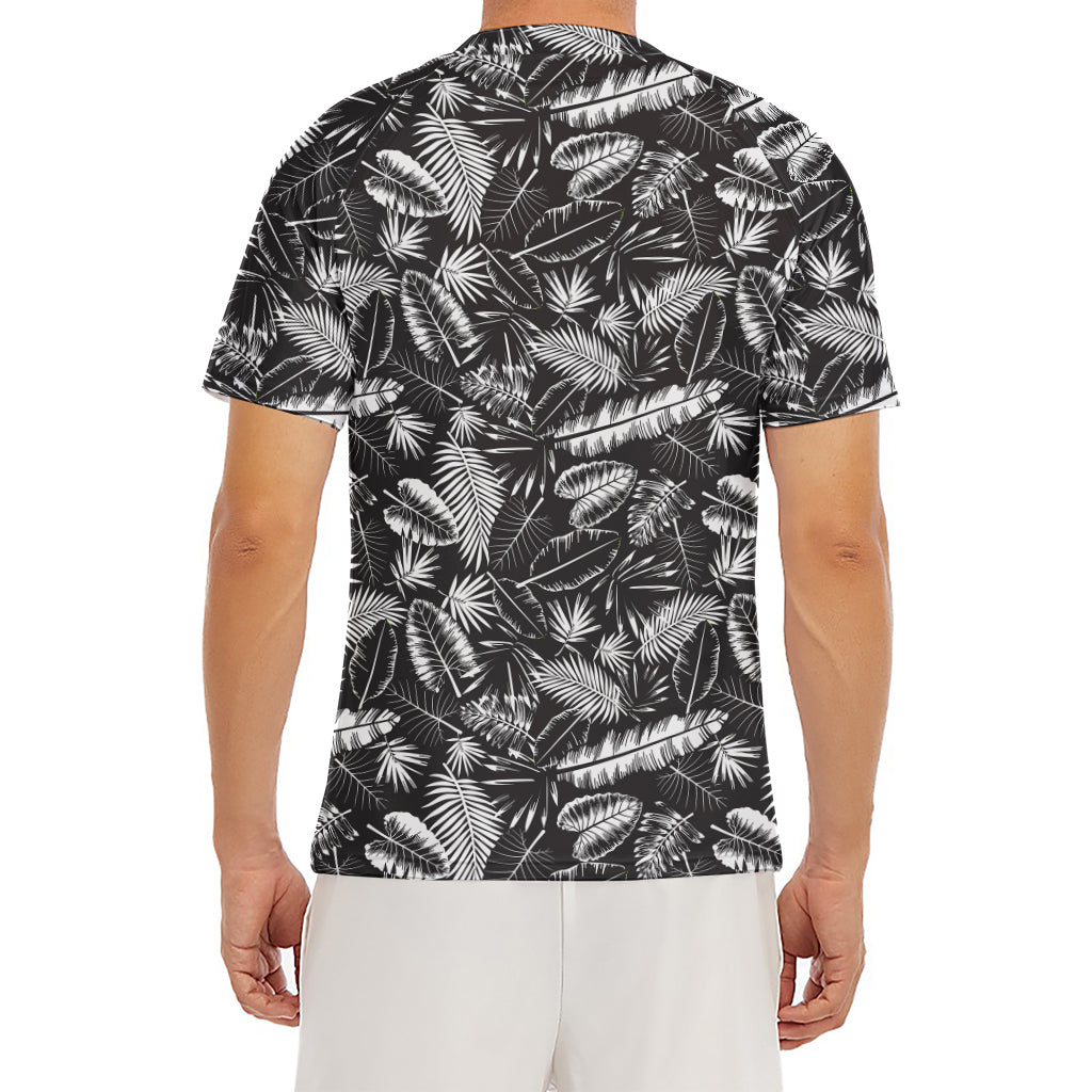 Black And White Tropical Palm Leaf Print Men's Short Sleeve Rash Guard