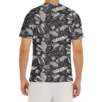 Black And White Tropical Palm Leaf Print Men's Short Sleeve Rash Guard
