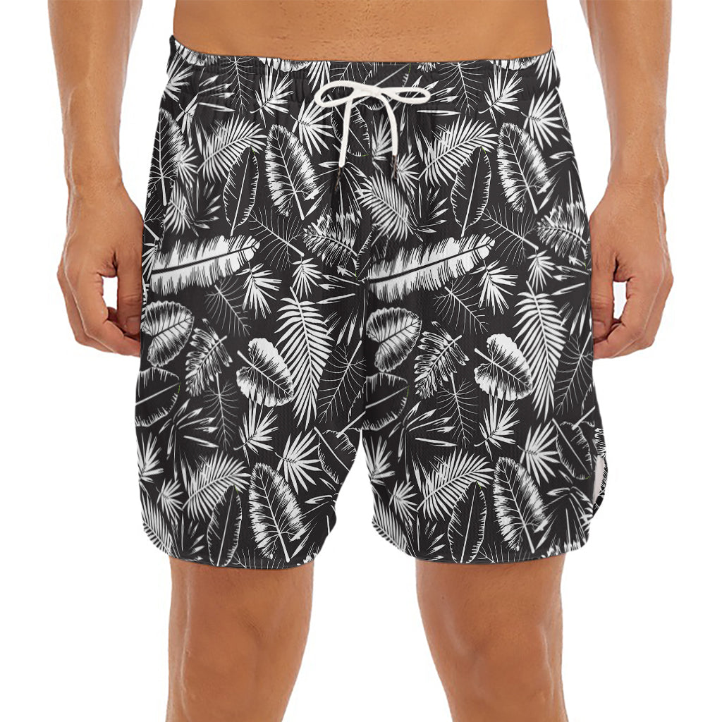 Black And White Tropical Palm Leaf Print Men's Split Running Shorts