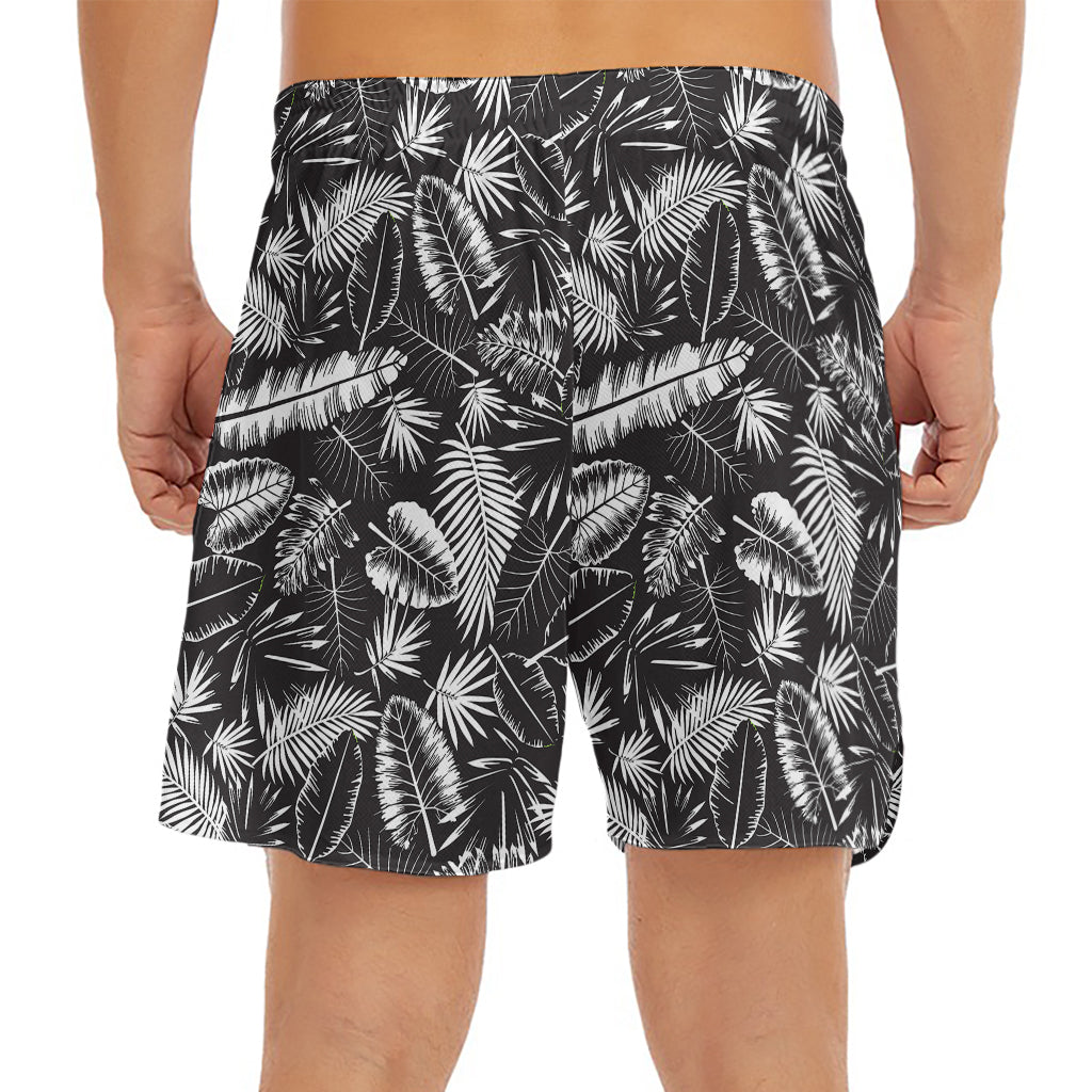 Black And White Tropical Palm Leaf Print Men's Split Running Shorts