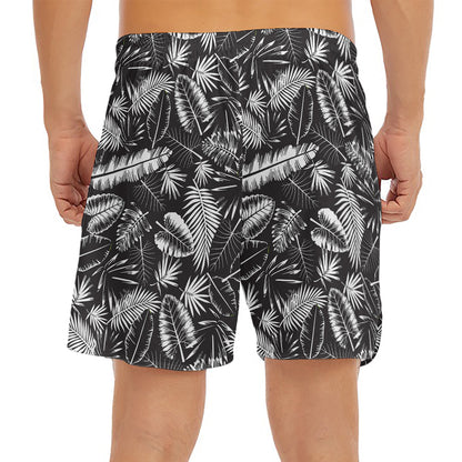 Black And White Tropical Palm Leaf Print Men's Split Running Shorts