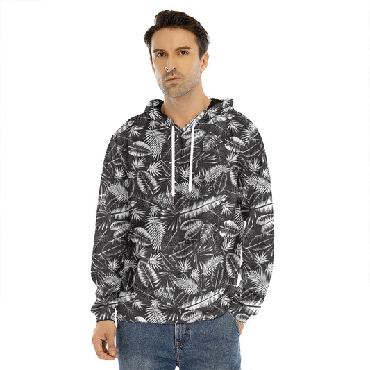 Black And White Tropical Palm Leaf Print Men's Velvet Pullover Hoodie