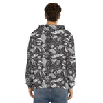 Black And White Tropical Palm Leaf Print Men's Velvet Pullover Hoodie