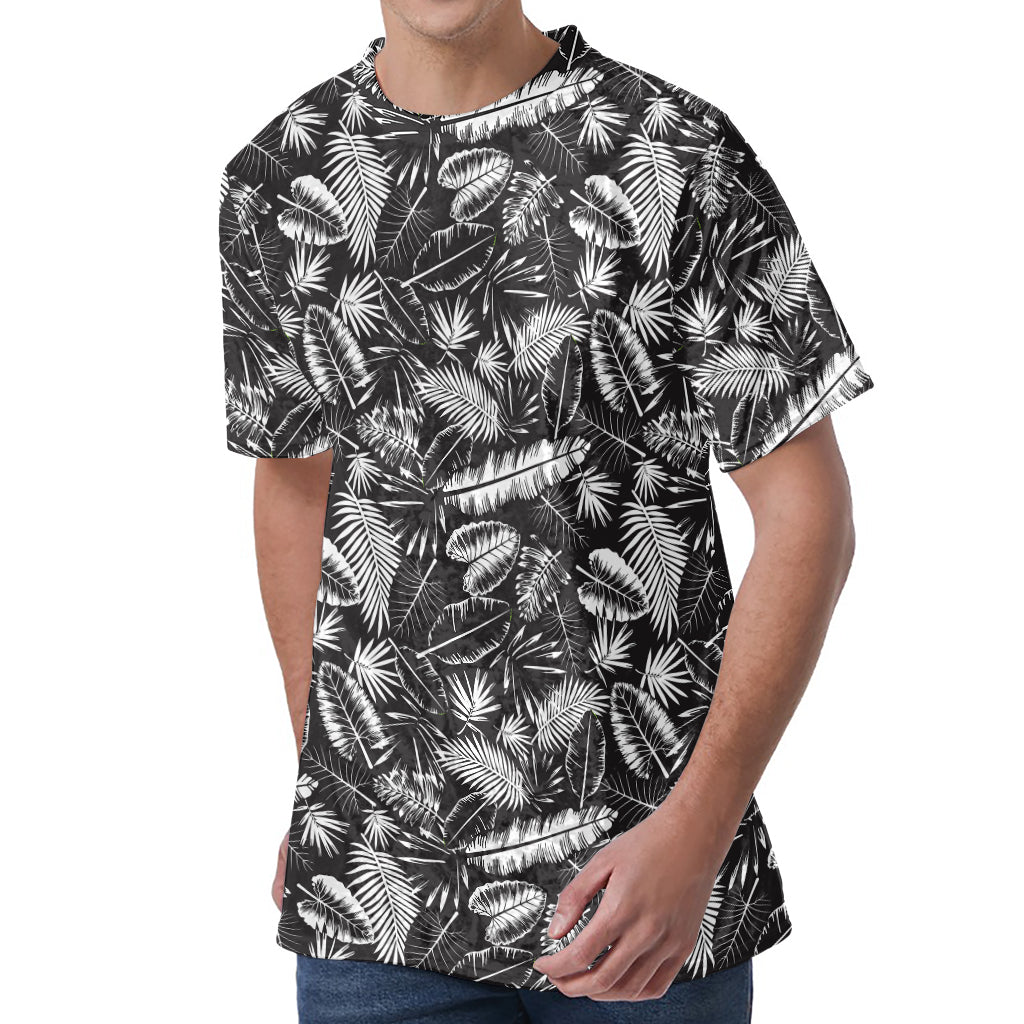 Black And White Tropical Palm Leaf Print Men's Velvet T-Shirt