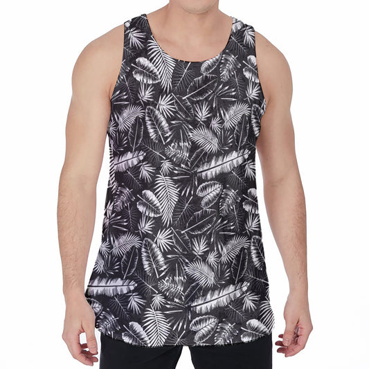 Black And White Tropical Palm Leaf Print Men's Velvet Tank Top