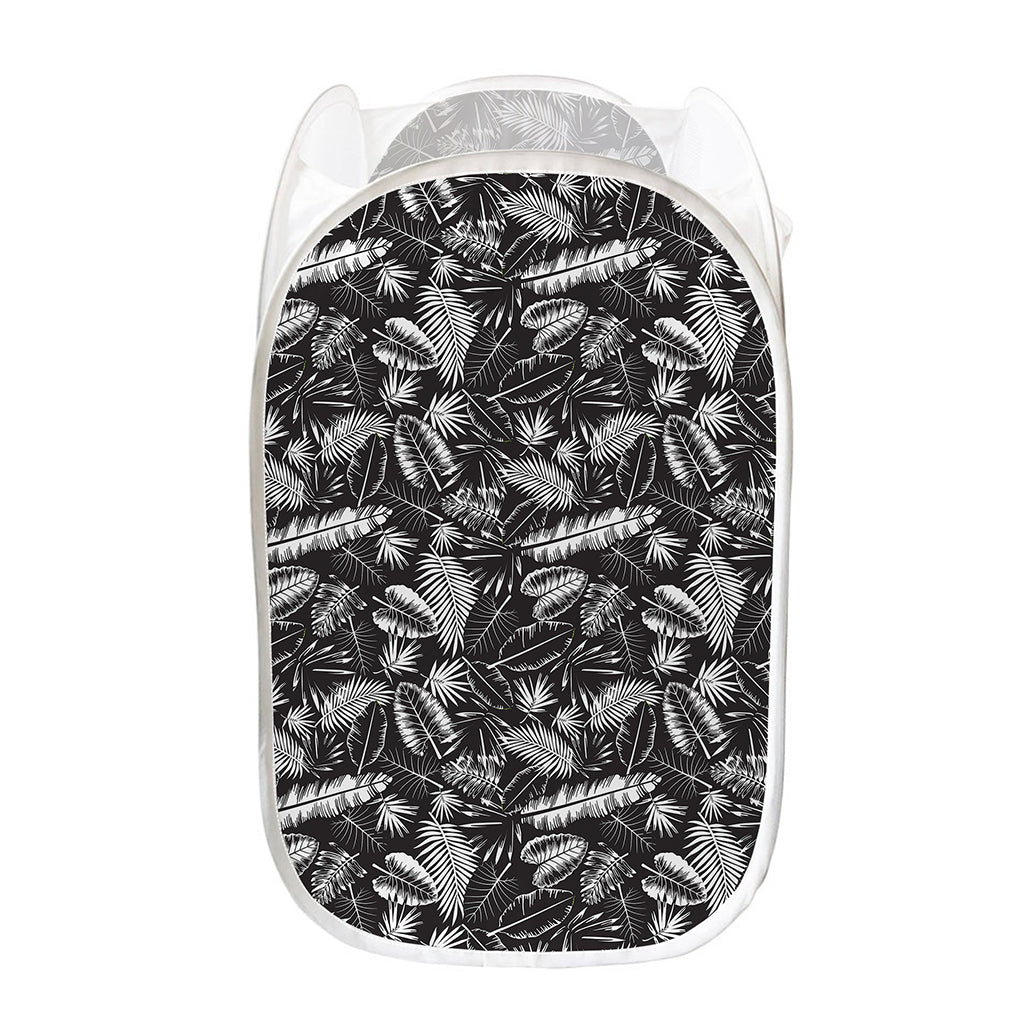 Black And White Tropical Palm Leaf Print Mesh Laundry Hamper