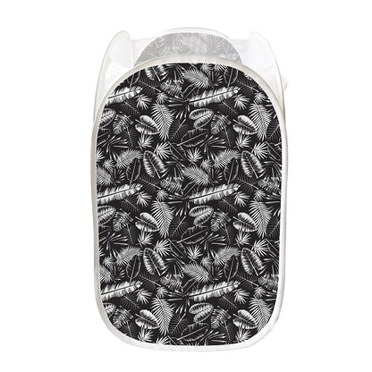 Black And White Tropical Palm Leaf Print Mesh Laundry Hamper