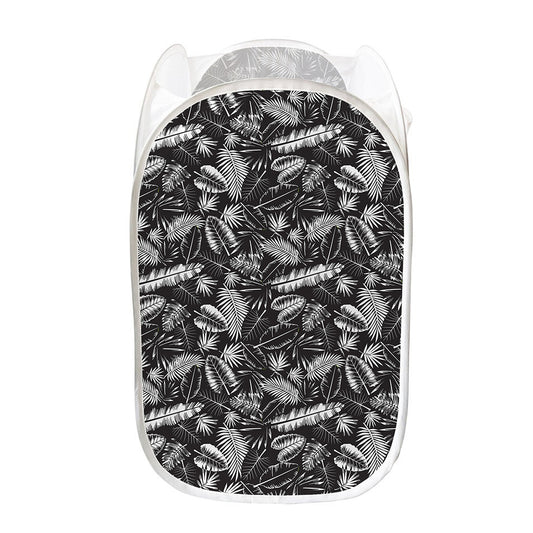 Black And White Tropical Palm Leaf Print Mesh Laundry Hamper