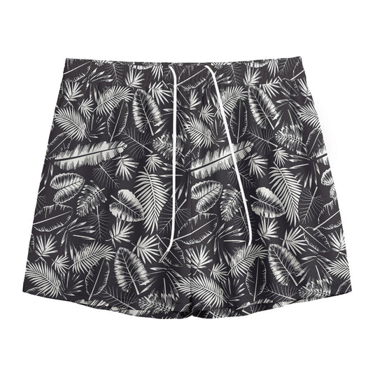 Black And White Tropical Palm Leaf Print Mesh Shorts