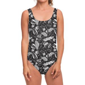 Black And White Tropical Palm Leaf Print One Piece Swimsuit