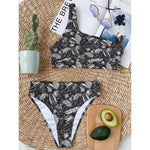 Black And White Tropical Palm Leaf Print One Shoulder Bikini Top