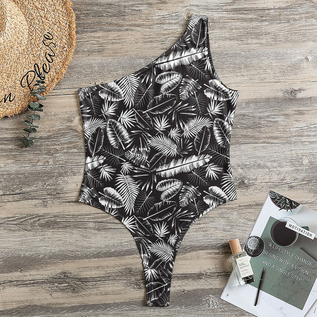 Black And White Tropical Palm Leaf Print One Shoulder Bodysuit