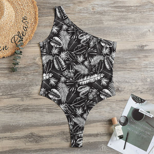 Black And White Tropical Palm Leaf Print One Shoulder Bodysuit