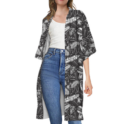 Black And White Tropical Palm Leaf Print Open Front Beach Cover Up