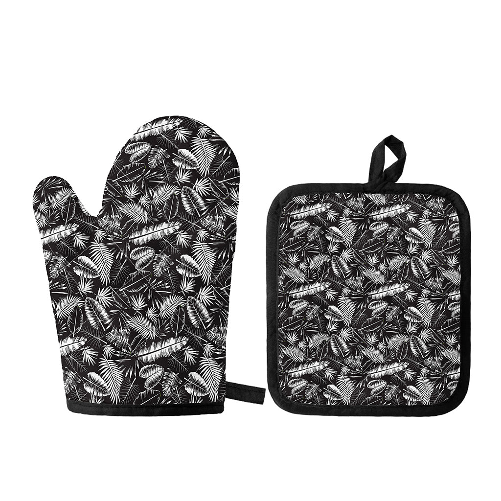 Black And White Tropical Palm Leaf Print Oven Mitt And Pot Holder Set