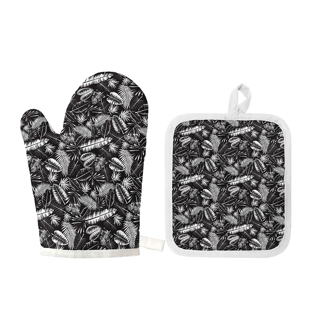 Black And White Tropical Palm Leaf Print Oven Mitt And Pot Holder Set