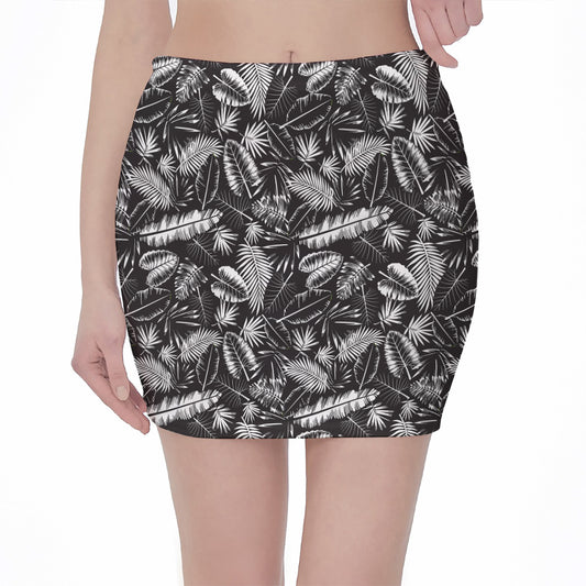 Black And White Tropical Palm Leaf Print Pencil Mini Skirt