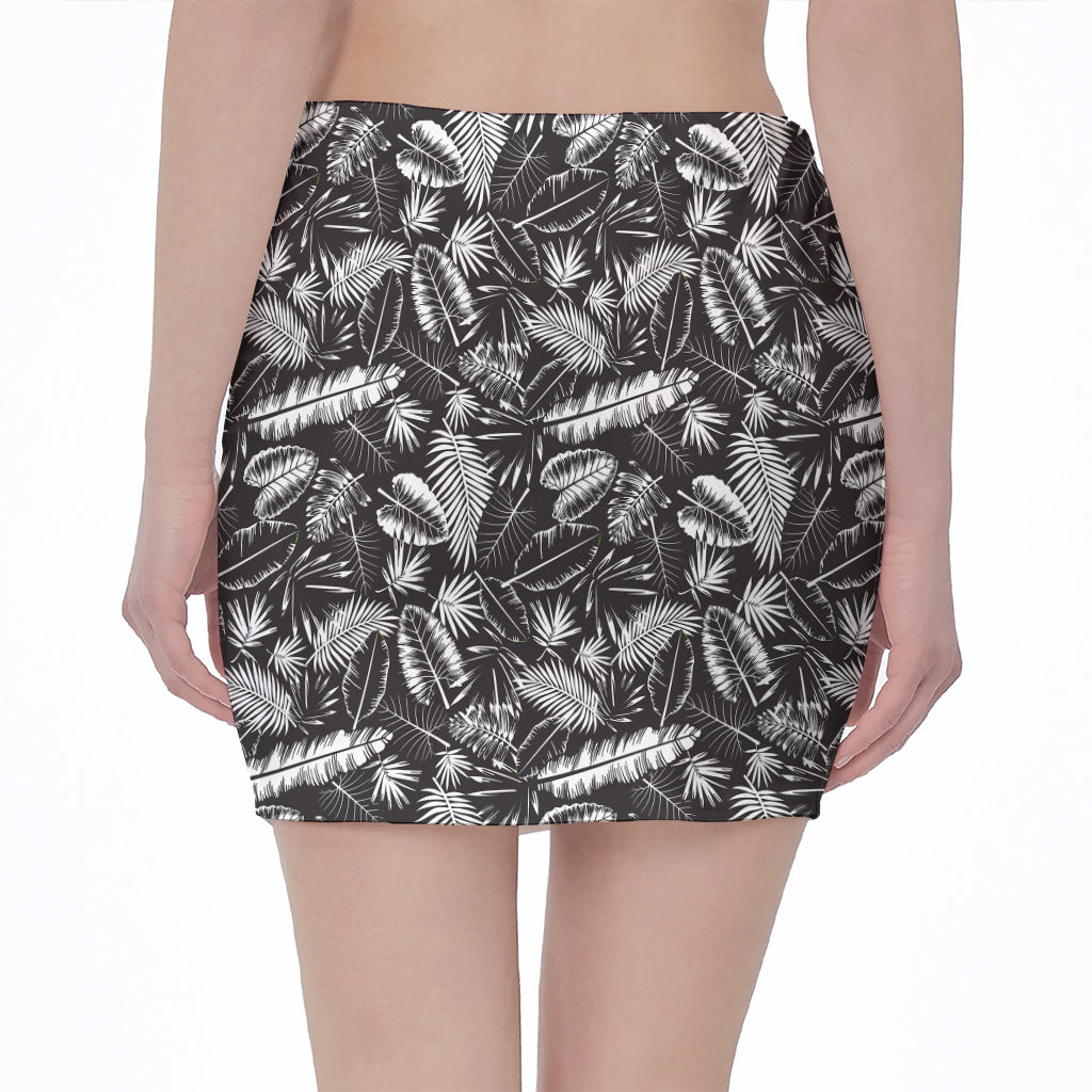 Black And White Tropical Palm Leaf Print Pencil Mini Skirt