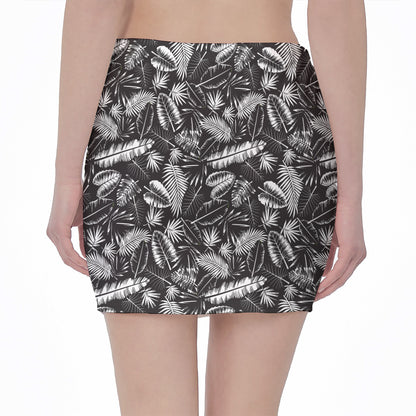 Black And White Tropical Palm Leaf Print Pencil Mini Skirt