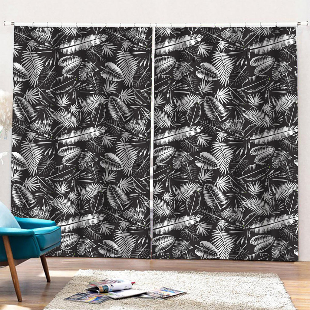 Black And White Tropical Palm Leaf Print Pencil Pleat Curtains
