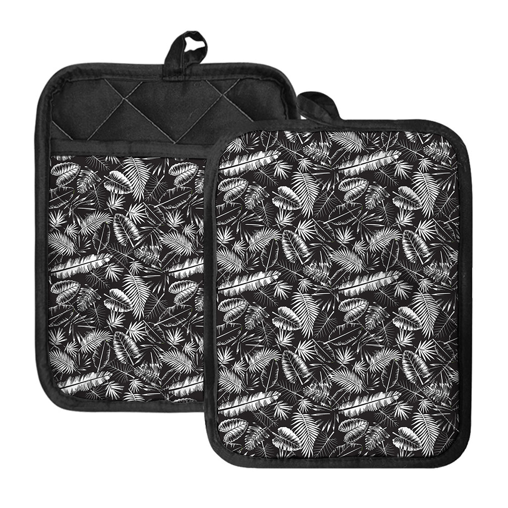 Black And White Tropical Palm Leaf Print Pot Holders With Pocket