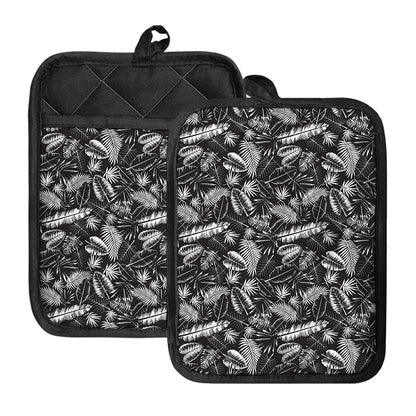 Black And White Tropical Palm Leaf Print Pot Holders With Pocket