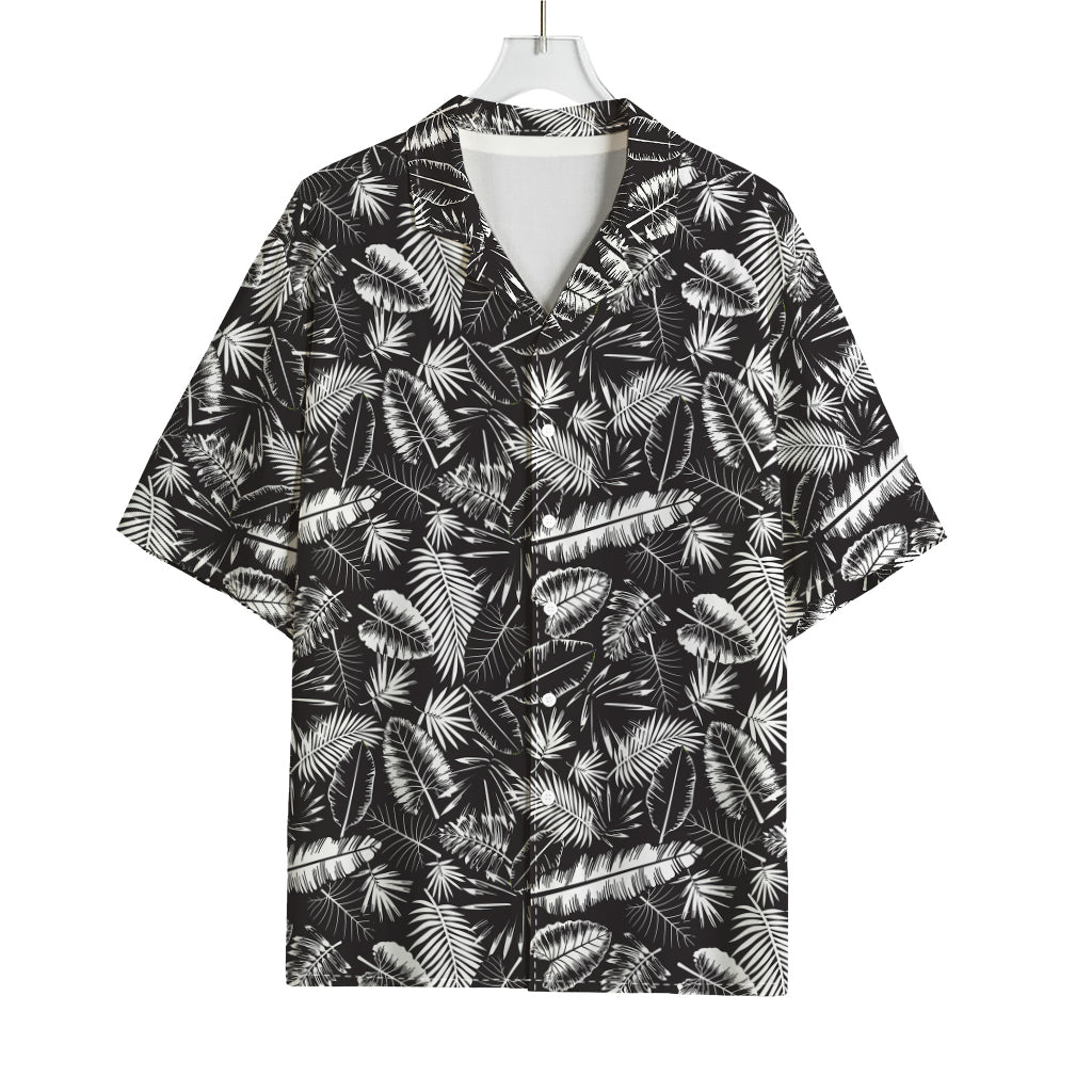 Black And White Tropical Palm Leaf Print Rayon Hawaiian Shirt