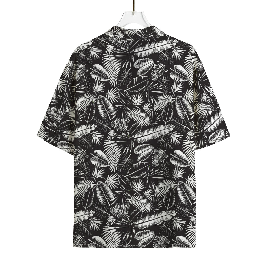 Black And White Tropical Palm Leaf Print Rayon Hawaiian Shirt