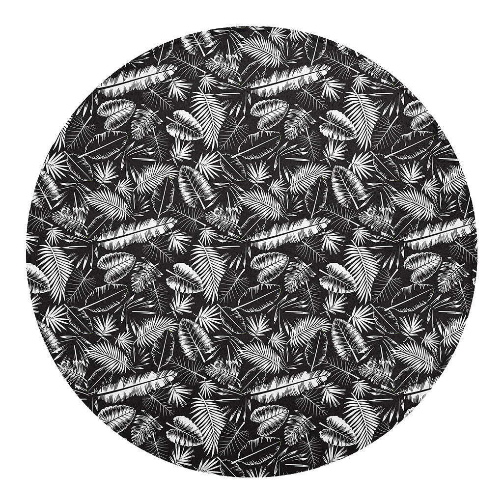 Black And White Tropical Palm Leaf Print Round Blanket