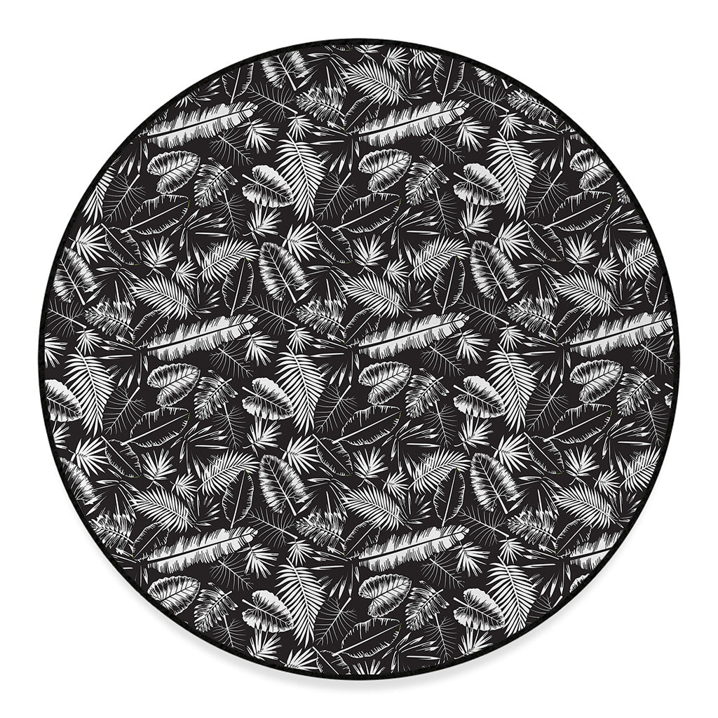 Black And White Tropical Palm Leaf Print Round Floor Mat