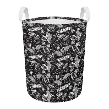 Black And White Tropical Palm Leaf Print Round Laundry Basket