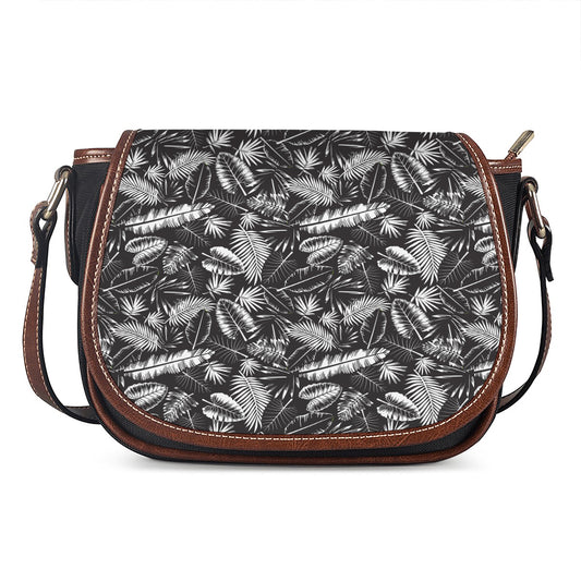 Black And White Tropical Palm Leaf Print Saddle Bag